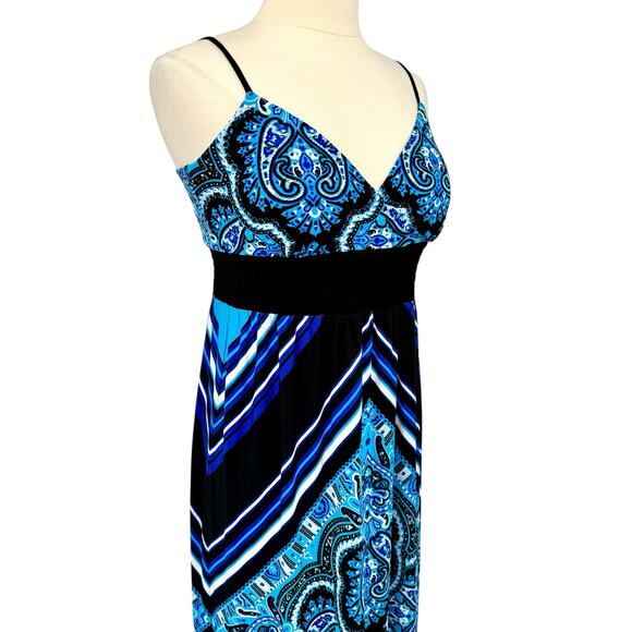 Muse Boston Proper Smocked Empire Waist Maxi Dress 8 Paisley Blue Black Padded - Picture 5 of 11